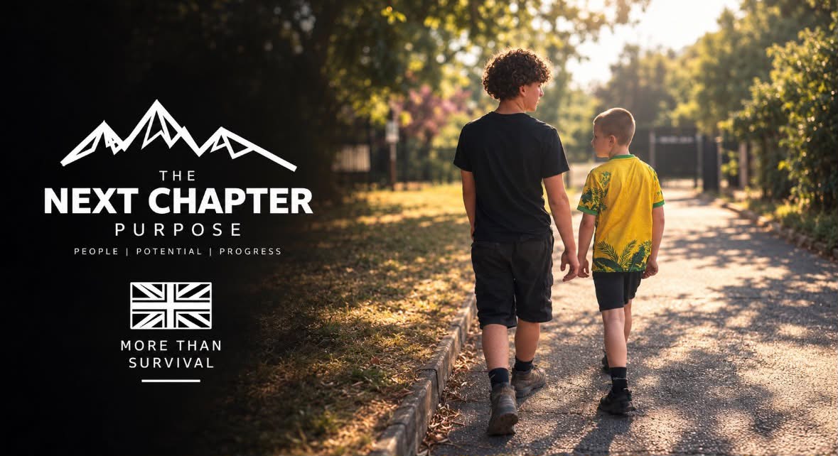 Two boys walking together with The Next Chapter logo