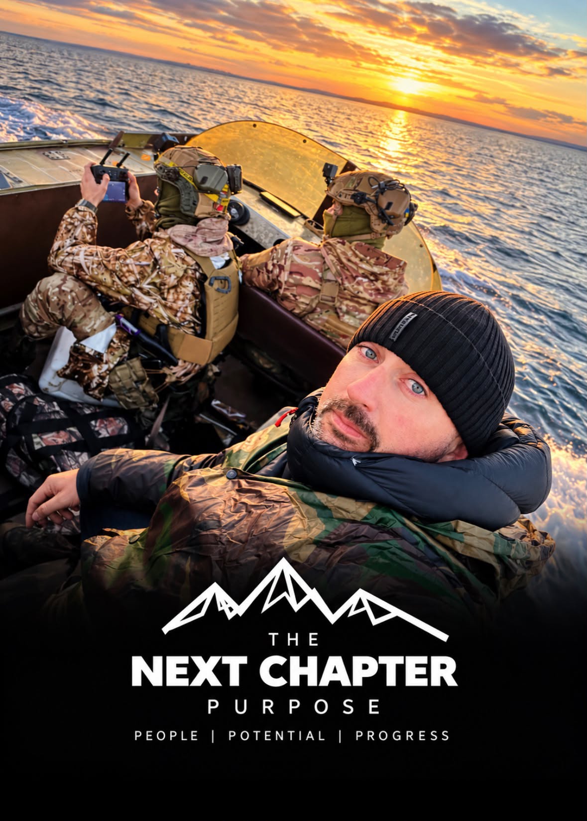 Steve on a boat with service colleagues at sunset